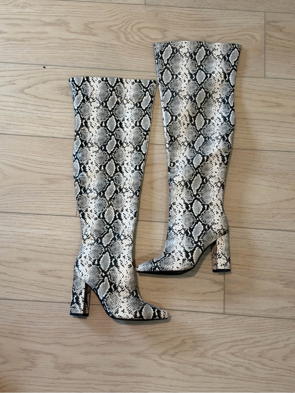 Snake-Print Knee High Block Heel Boots - Black & White